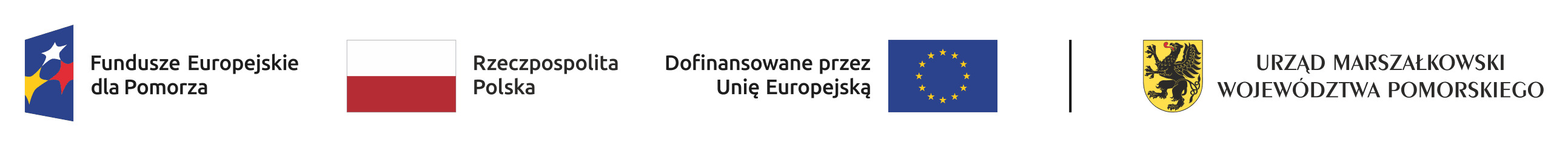 Zestaw znaków: Fundusze Europejskie dla Pomorza, barwy Rzeczypospolitej Polskiej, Dofinansowane przez Unię Europejską